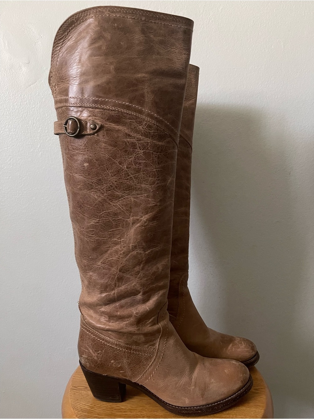 Frye Distressed Tan Over-the-Knee Leather Boots